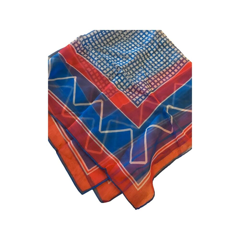 Vintage Sheer Blue and Red Scarf, Light Weight Thin Neck Scarf - Picture 5 of 7